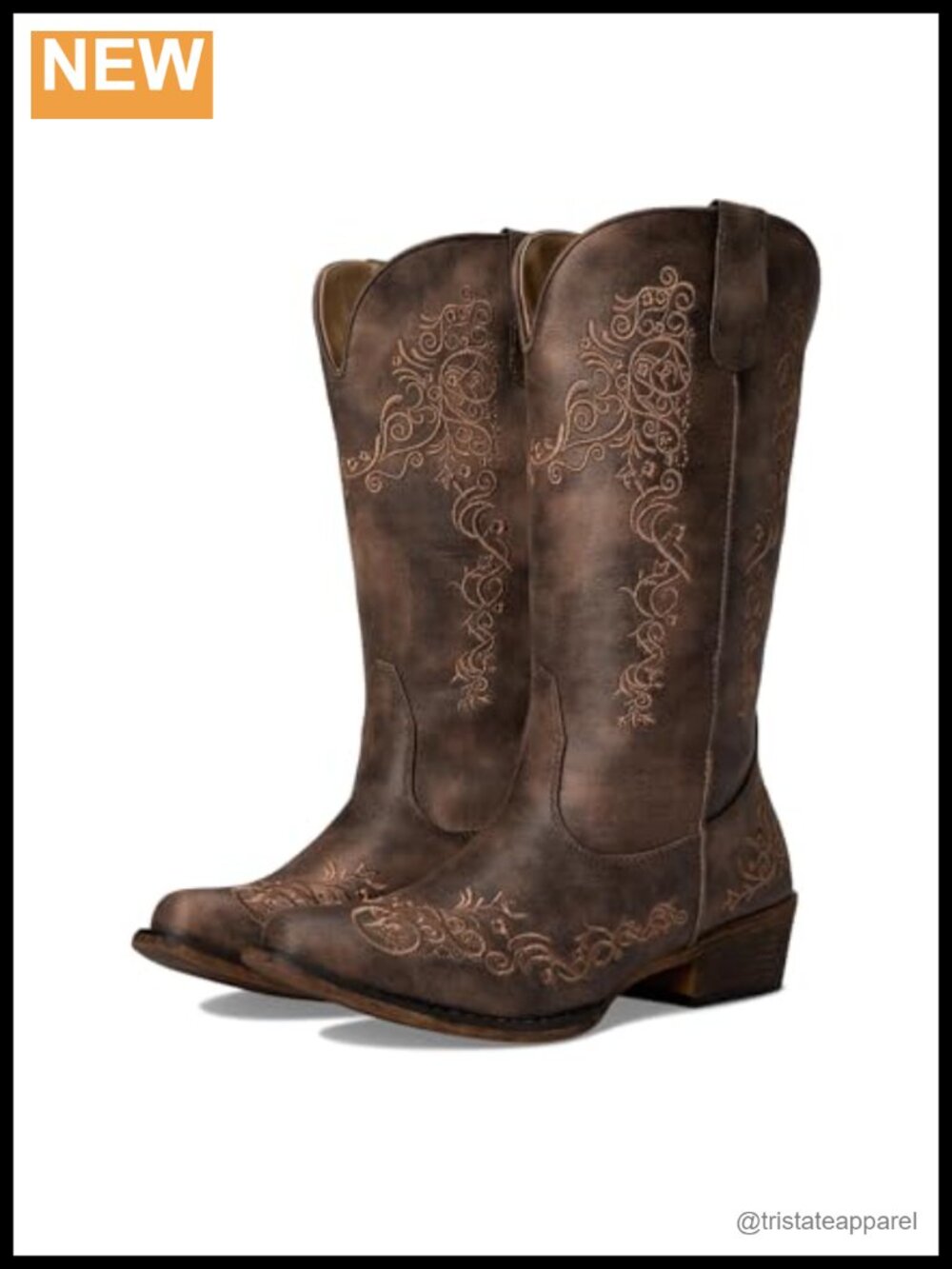 Riley Scroll Embroidered Snip Toe Mid Calf Boots, Faux Leather, Low Heel